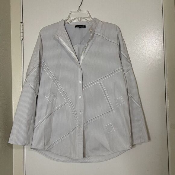 LAFAYETTE 148 new york gray stripe diamond button down cotton blouse medium - Picture 1 of 6